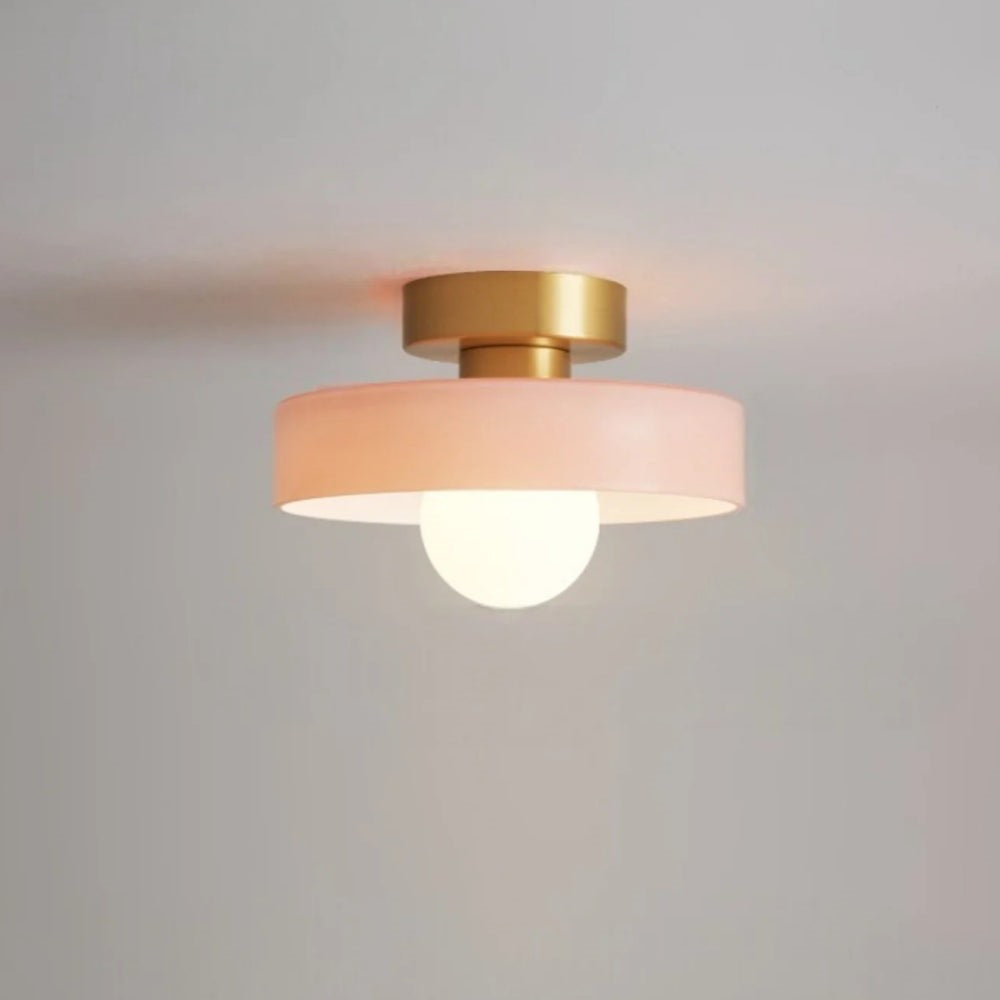 Maintained House Colored Glass Disc Ceiling Light - Pink glass with gold canopy, lit