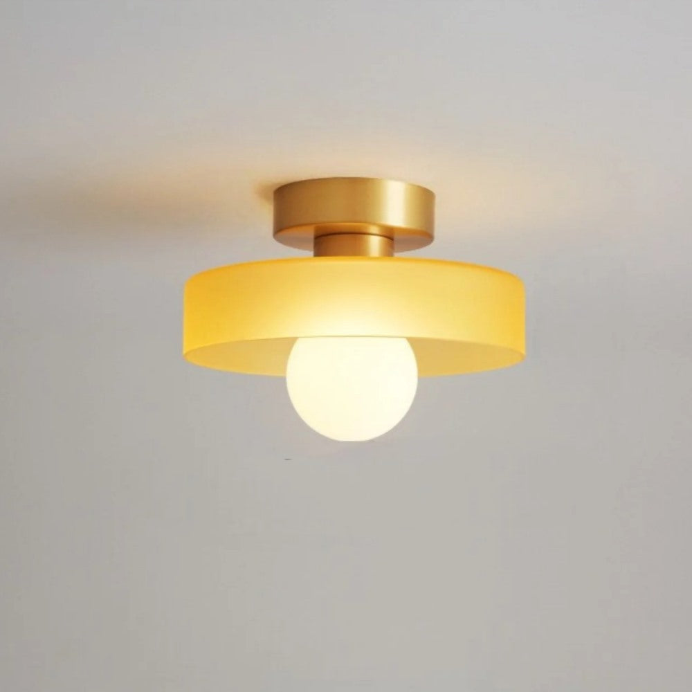 Maintained House Colored Glass Disc Ceiling Light - Yellow glass with gold canopy