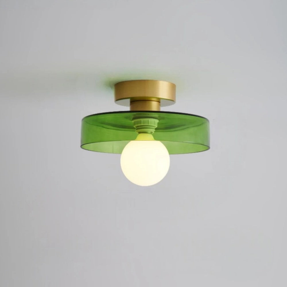 Maintained House Colored Glass Disc Ceiling Light - Green glass with gold canopy