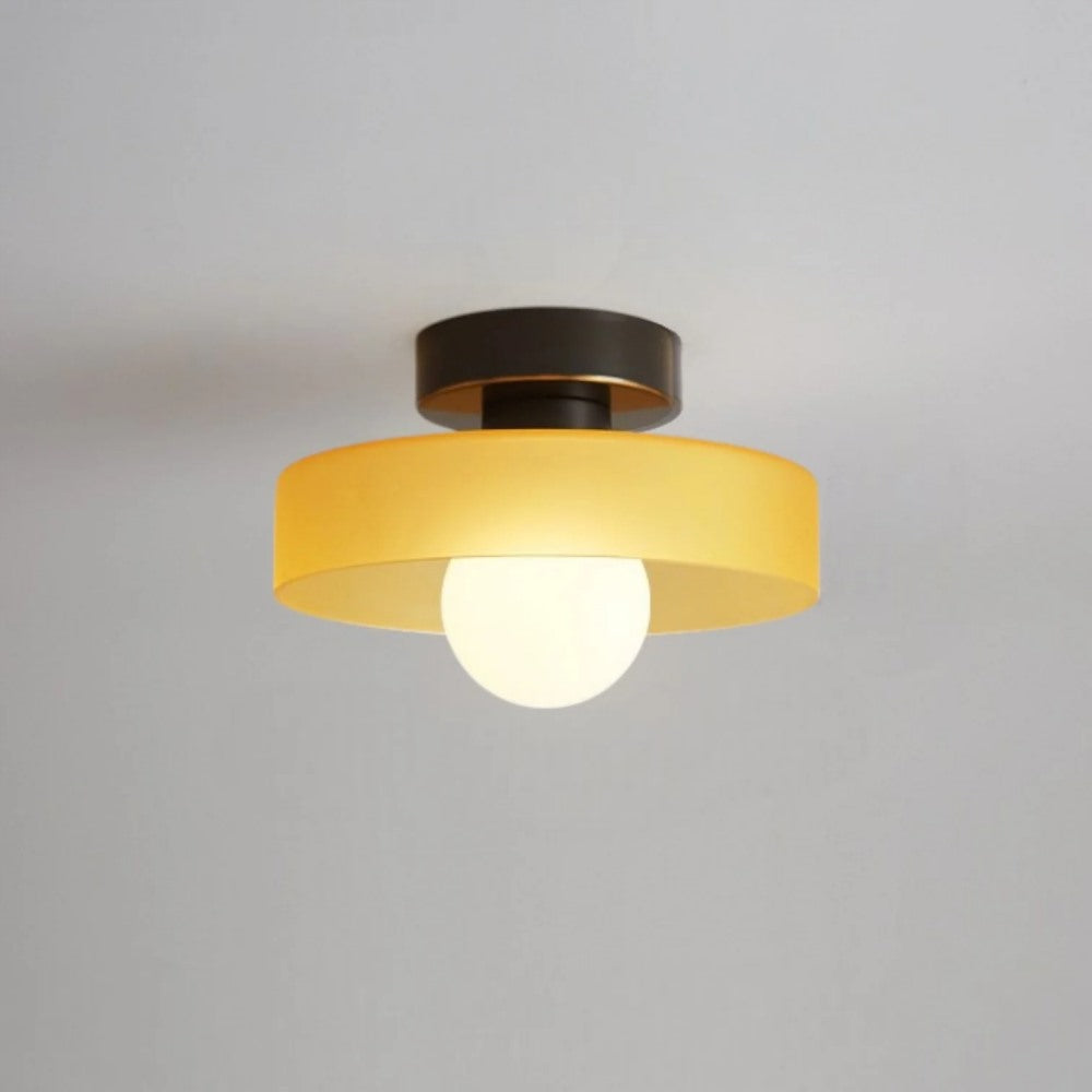 Maintained House Colored Glass Disc Ceiling Light - Yellow glass with black canopy