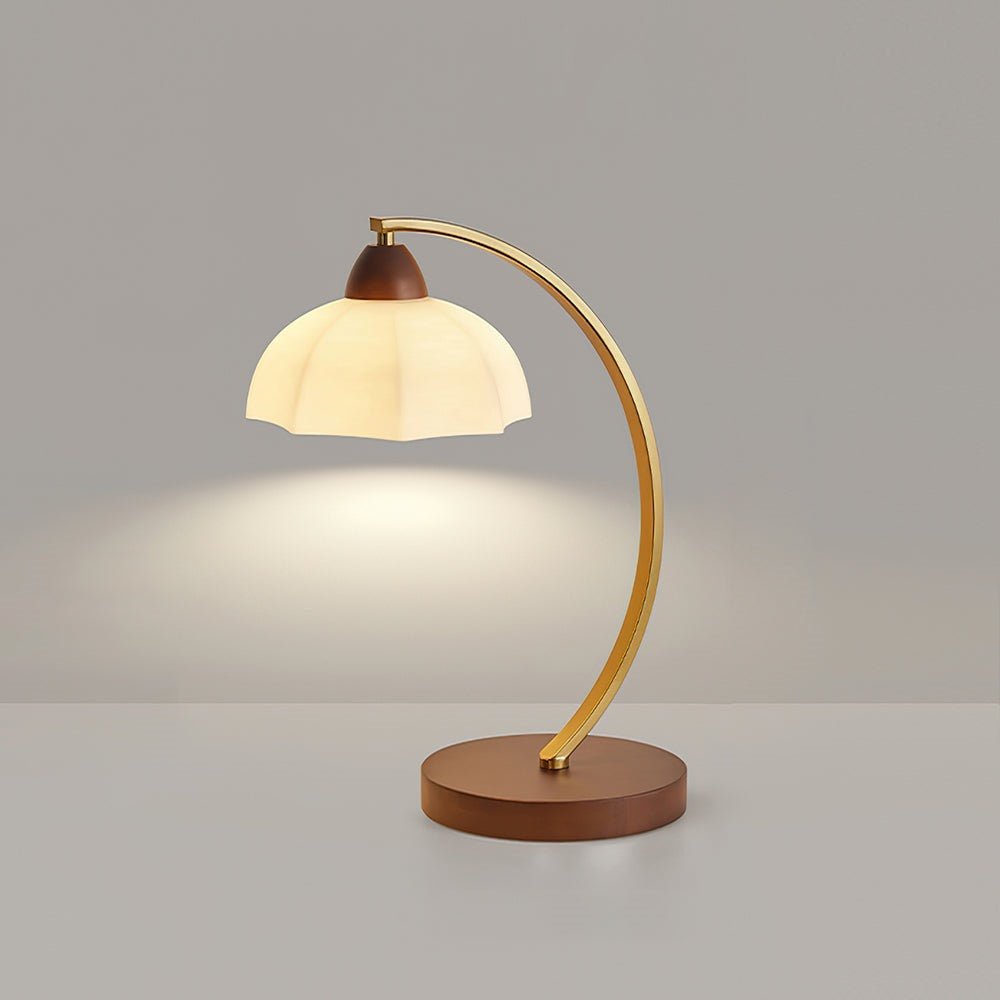 Maintained House Curved Brass Arm Table Lamp - Scalloped shade