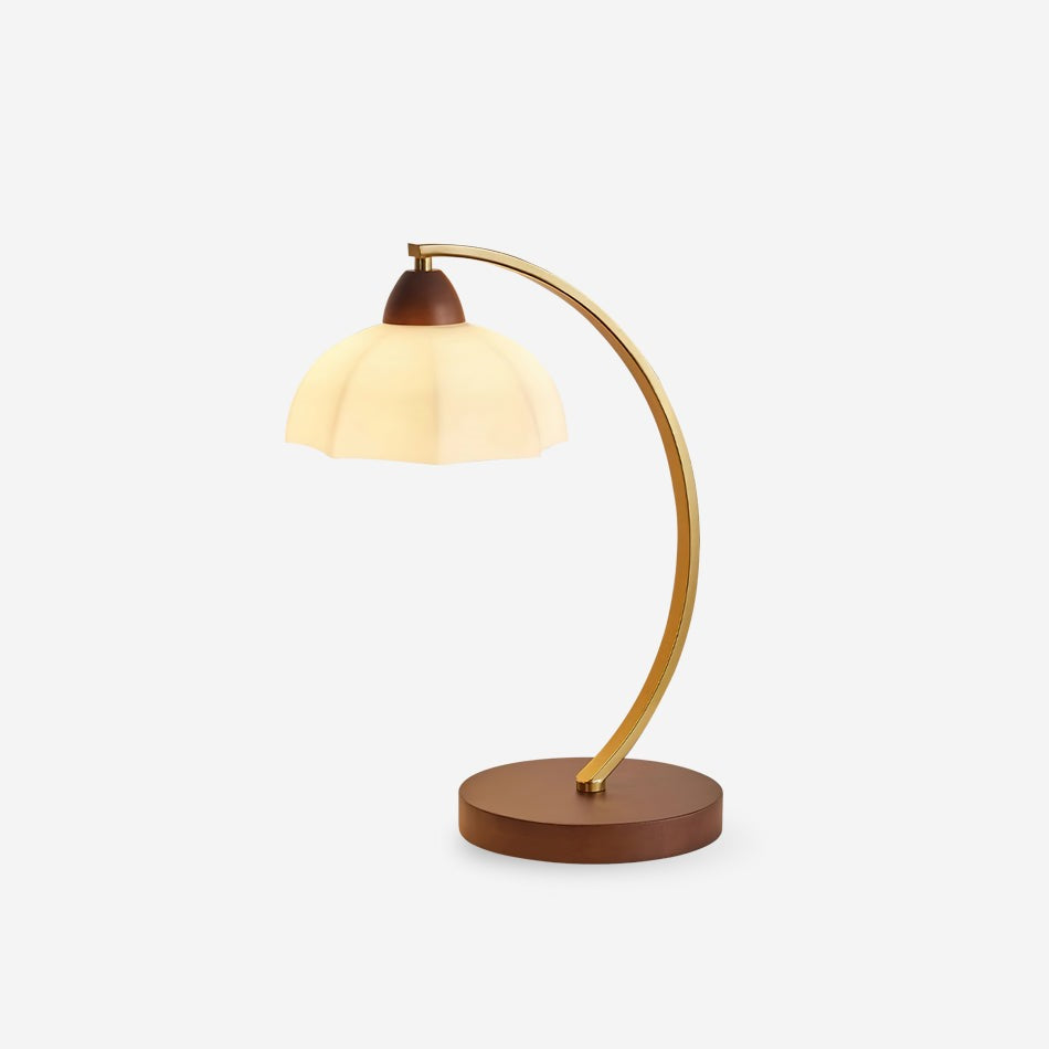 Maintained House Curved Brass Arm Table Lamp - Scalloped shade on white