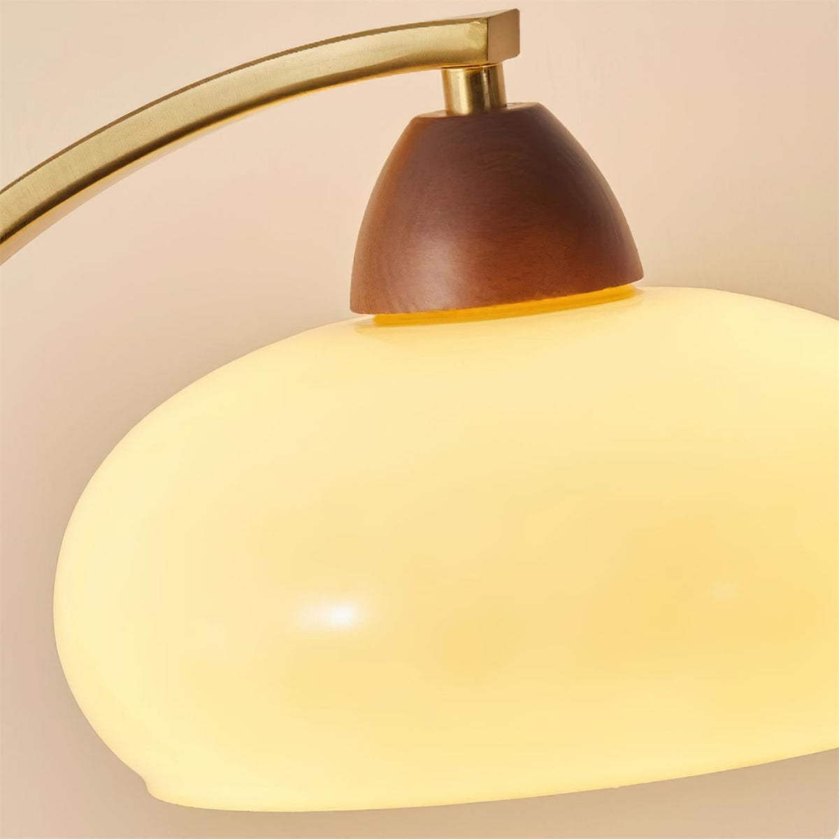 Maintained House Curved Brass Arm Table Lamp - Smooth shade and walnut cap