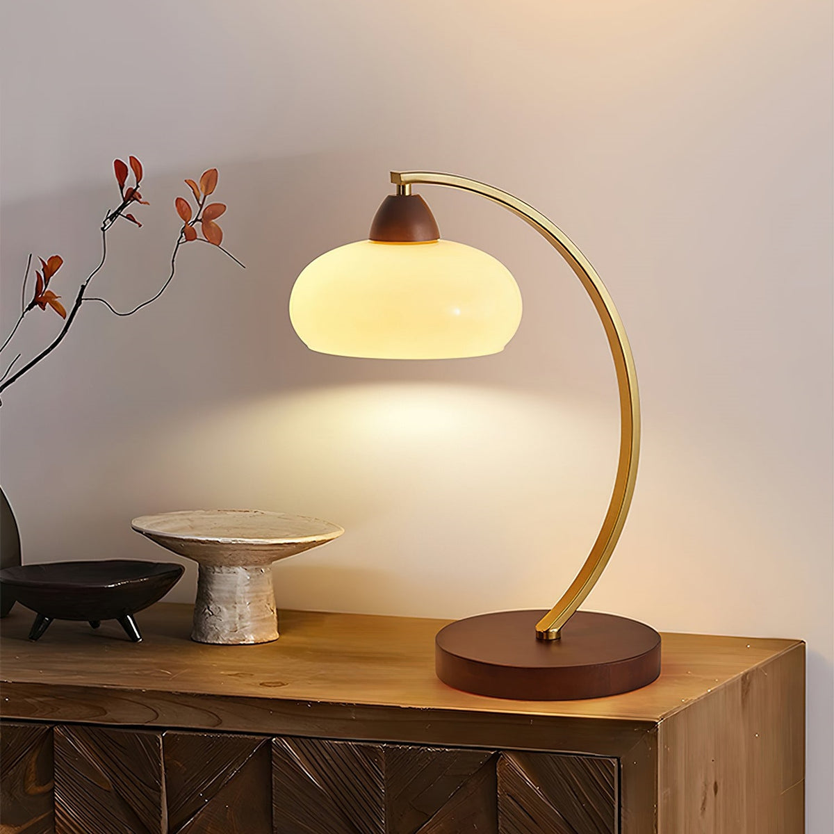Maintained House Curved Brass Arm Table Lamp - On a dresser