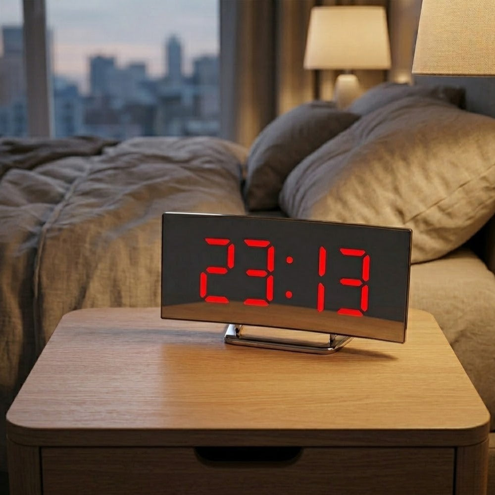 Maintained House Curved Mirror LED Alarm Clock - Red display at the bedside