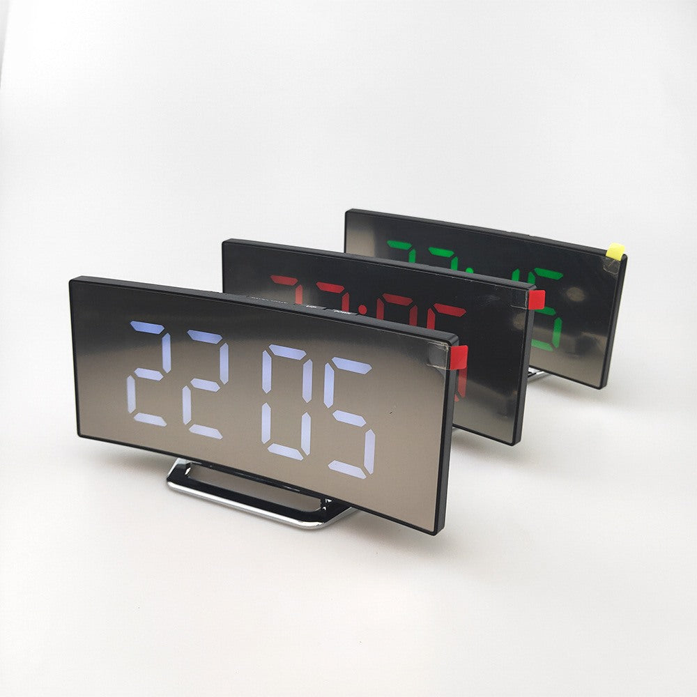 Maintained House Curved Mirror LED Alarm Clock - White, red and green displays side by side