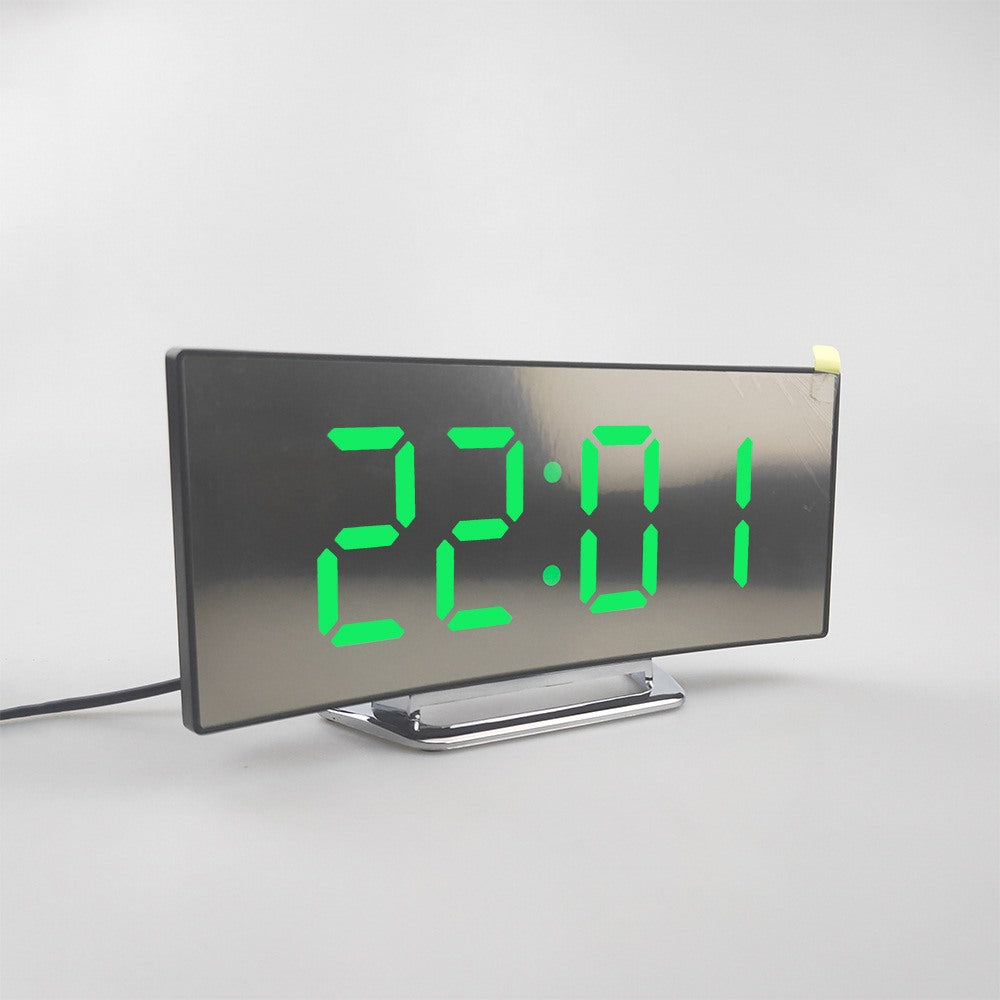 Maintained House Curved Mirror LED Alarm Clock - Green display, side view with power cable
