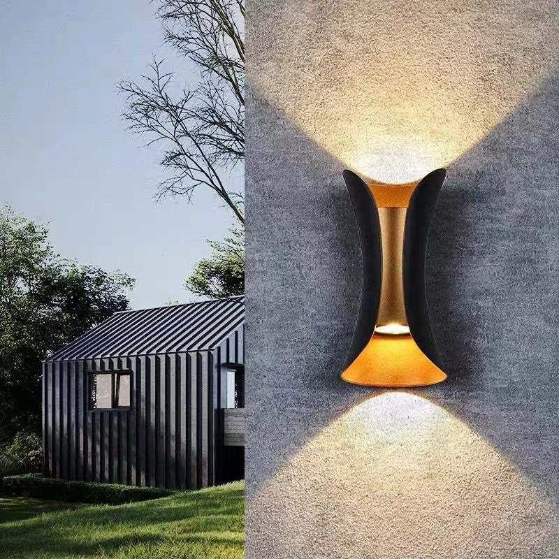 Maintained House Curved Up-Down Outdoor Wall Light - Black and gold outdoors