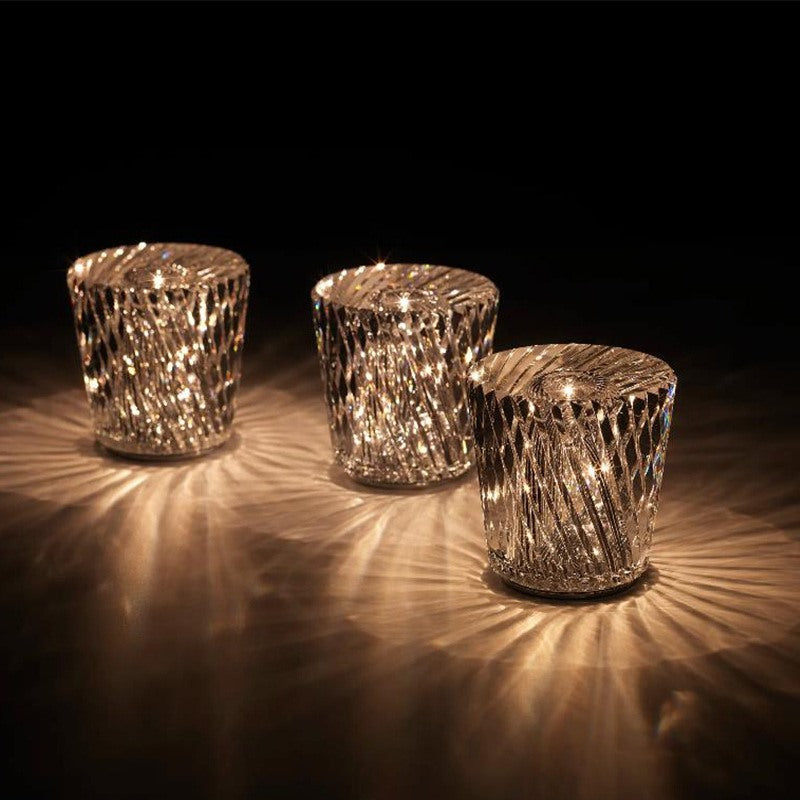Maintained House Cut Crystal Cordless Table Lamp - Three swirl-cut lamps lit