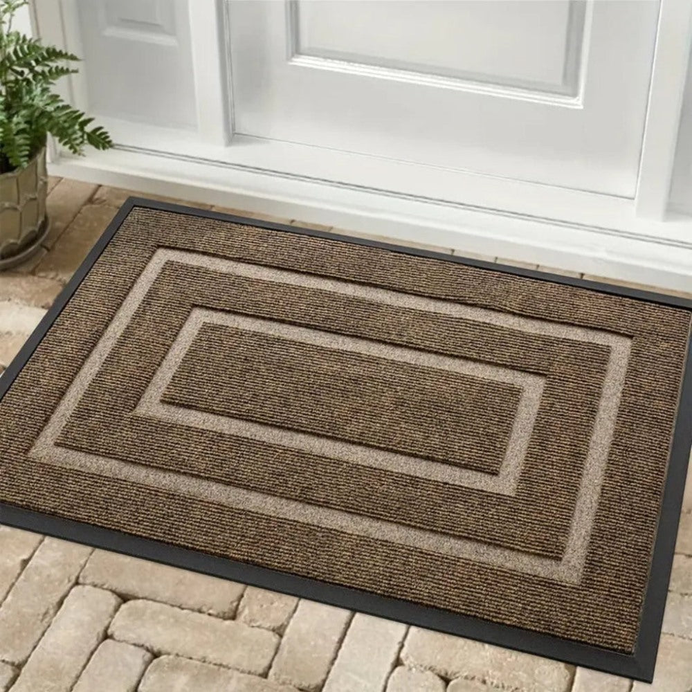 Maintained House Double Border Ribbed Doormat - Brown at a front door