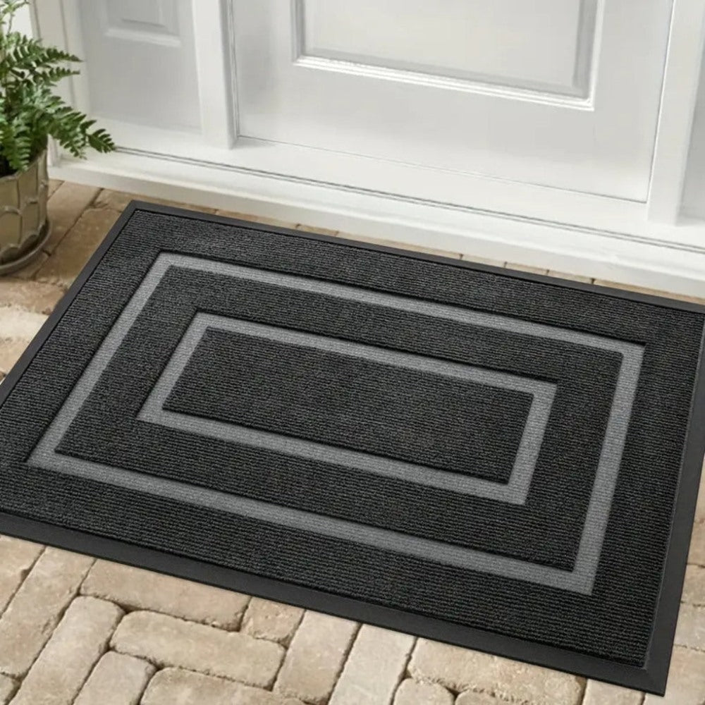 Maintained House Double Border Ribbed Doormat - Black at a front door