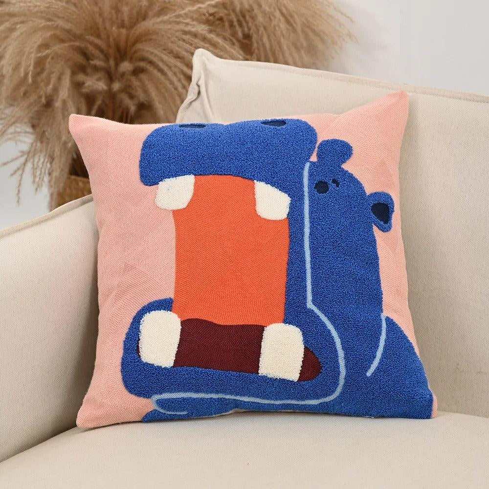 Maintained House Embroidered Animal Pillow Cover - Hippo on a sofa