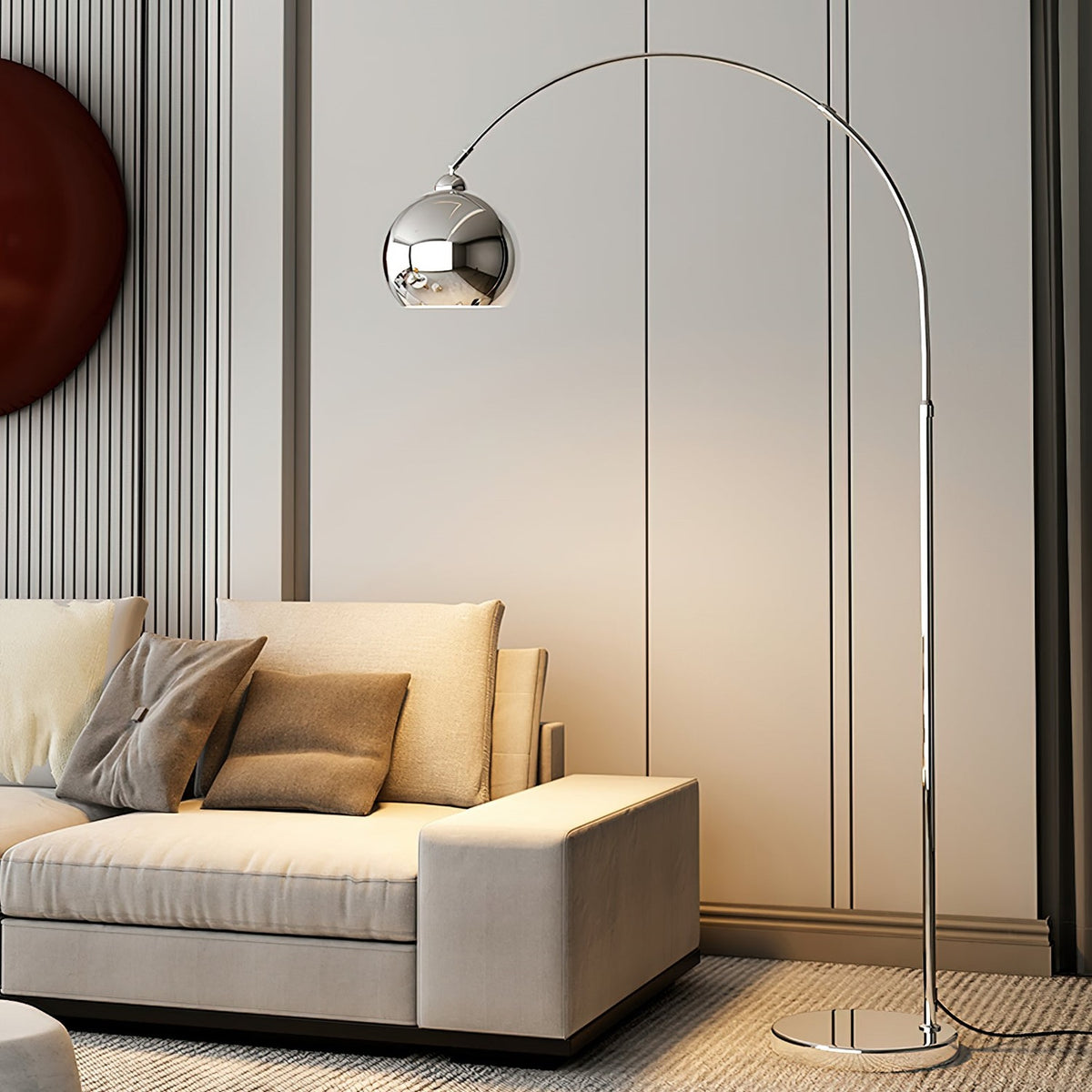 Maintained House Globe Arc Floor Lamp - Arching over a sofa