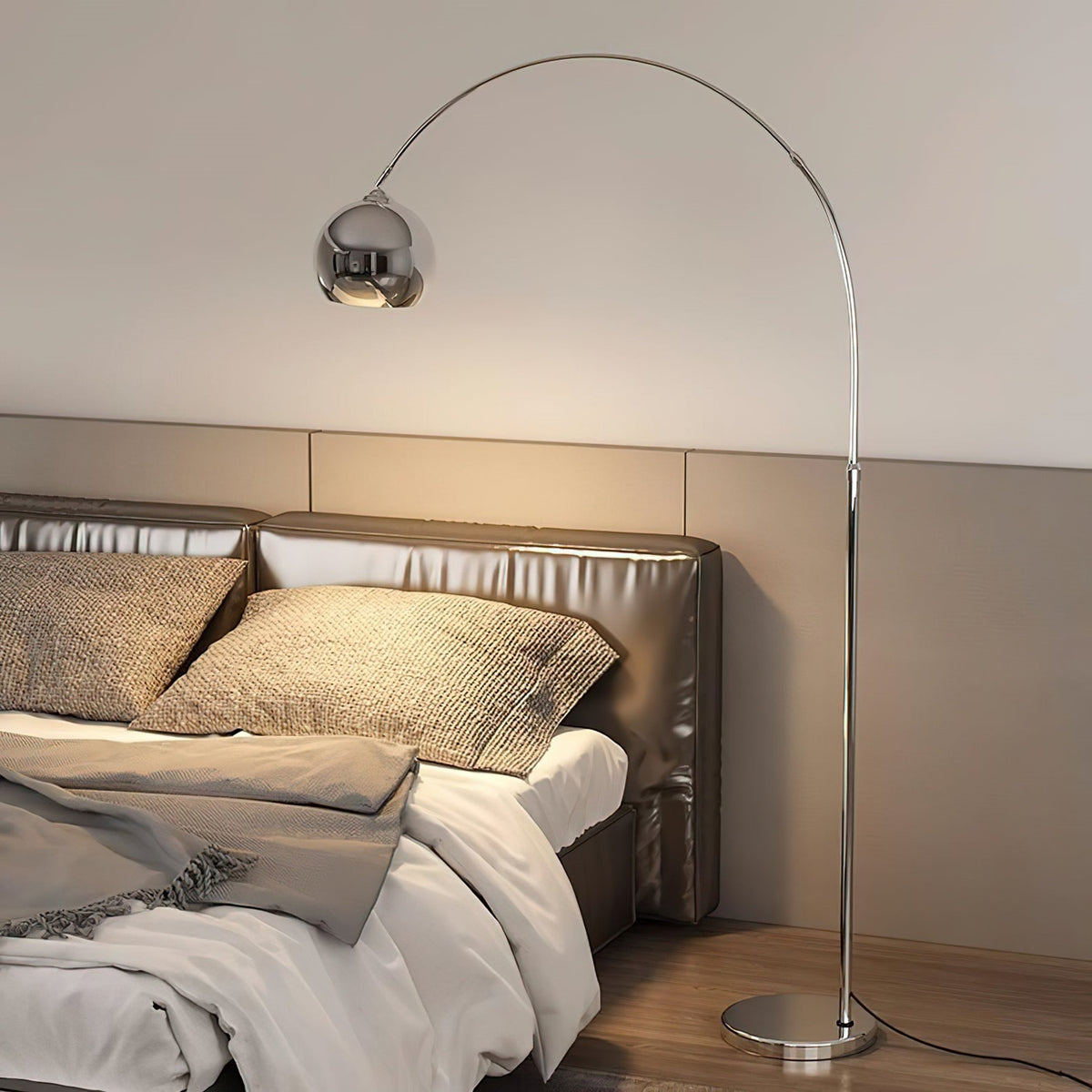 Maintained House Globe Arc Floor Lamp - Beside a bed
