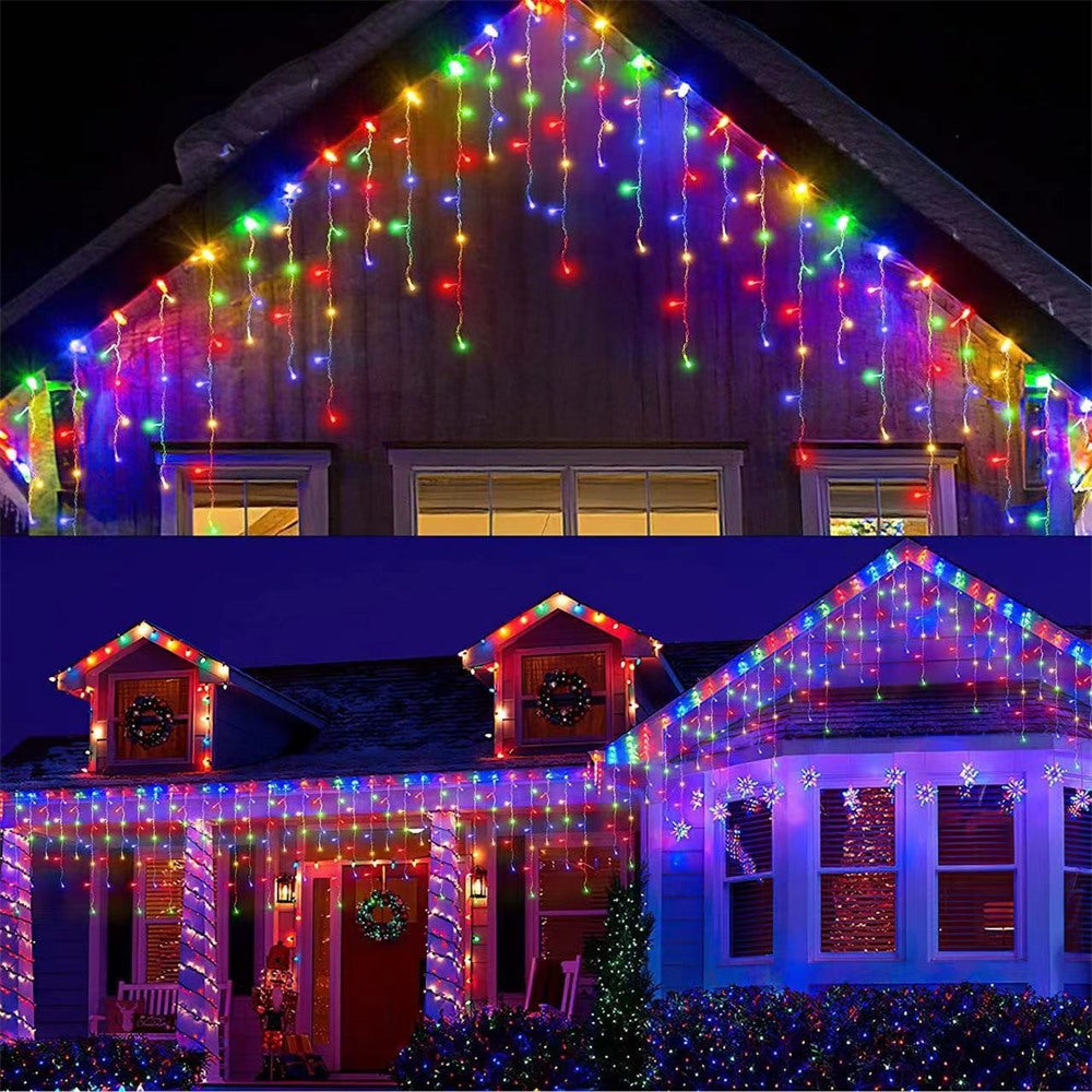 Maintained House LED Icicle Curtain Lights - Multicolor icicles on gables and porches