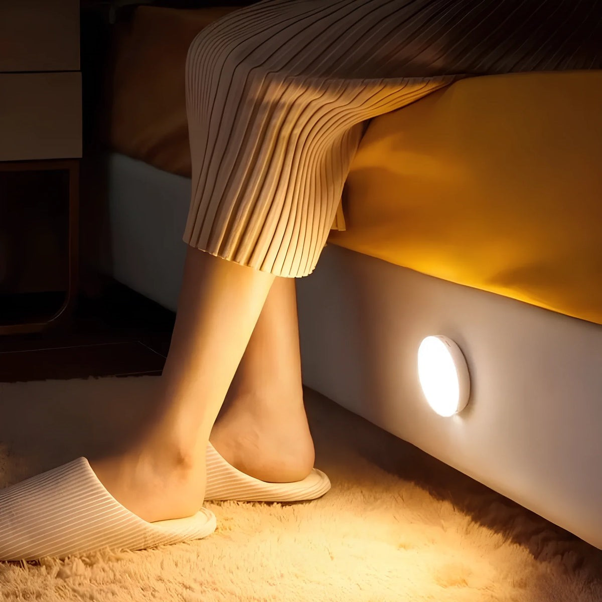 Maintained House Motion Sensor Puck Light - Mounted low beside a bed, lighting the floor at night