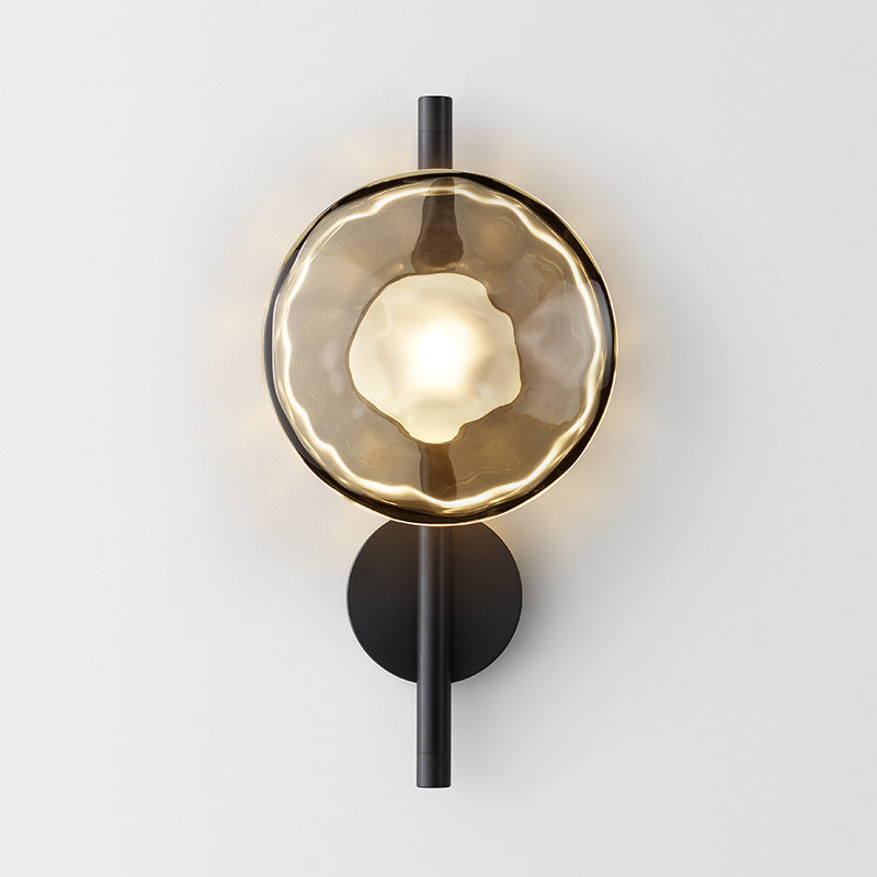 Maintained House Nordic Rippled Glass Wall Sconce - Single Disc on Rod, Smoke Gray Glass / Black
