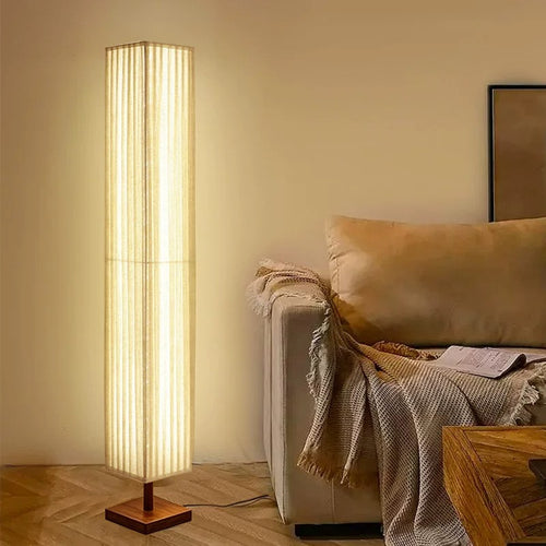 Pleated Linen Column Floor Lamp | Wabi-Sabi Walnut-Finish Base Square LED Floor Light