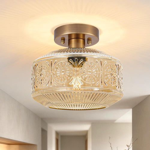 Pressed Glass Semi-Flush Ceiling Light | Vintage Embossed Drum Shade for Hallway & Kitchen
