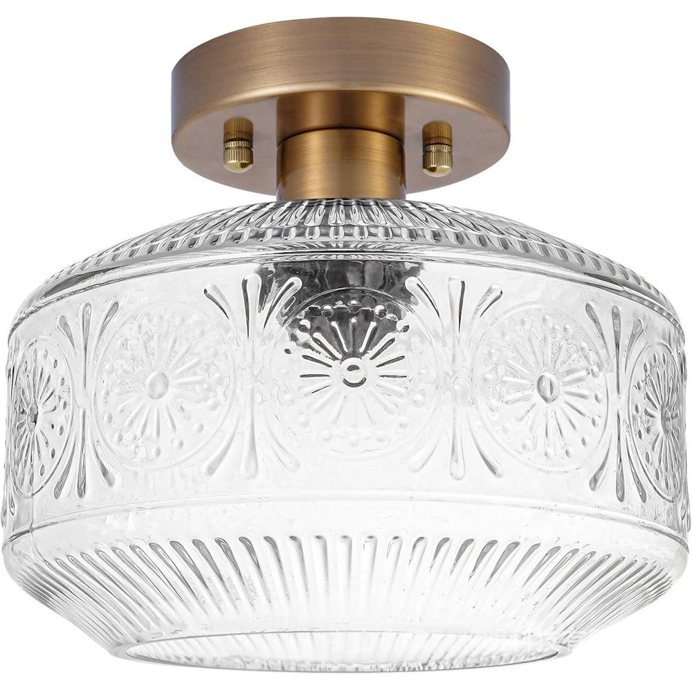 Maintained House Pressed Glass Semi-Flush Ceiling Light - Sunburst clear glass with antique brass canopy