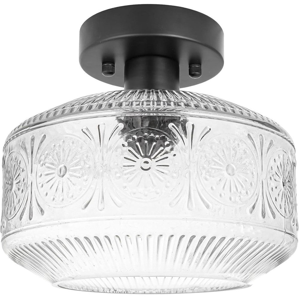 Maintained House Pressed Glass Semi-Flush Ceiling Light - Sunburst clear glass with black canopy