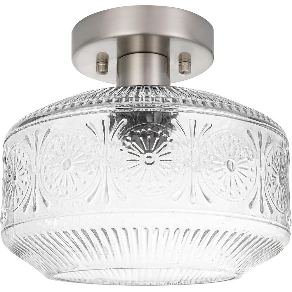 Maintained House Pressed Glass Semi-Flush Ceiling Light - Sunburst clear glass with satin nickel canopy