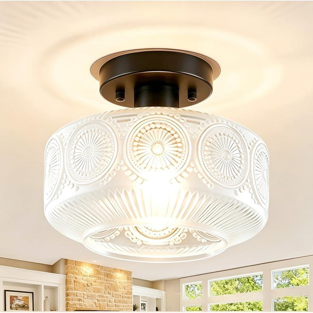 Maintained House Pressed Glass Semi-Flush Ceiling Light - Medallion clear glass with black canopy, lit