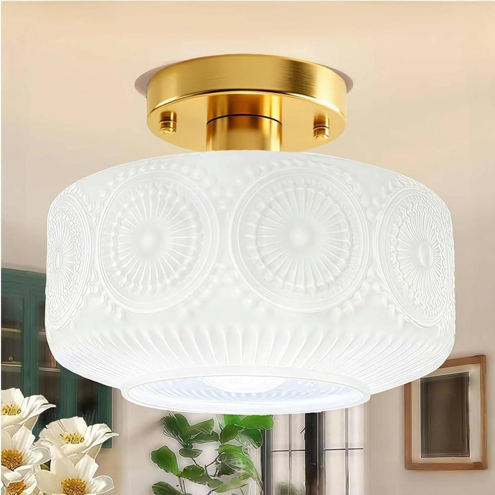 Maintained House Pressed Glass Semi-Flush Ceiling Light - Medallion white glass with gold canopy