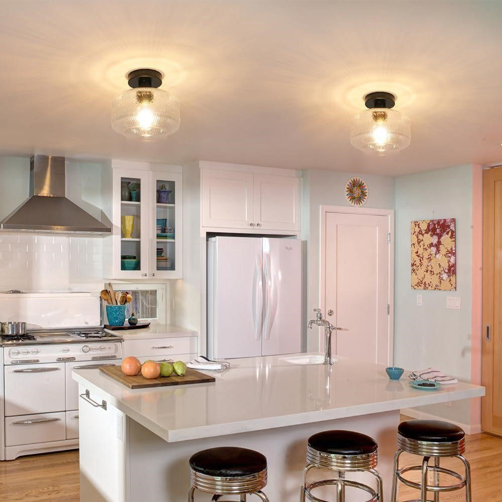 Maintained House Pressed Glass Semi-Flush Ceiling Light - Two clear glass lights over a kitchen island