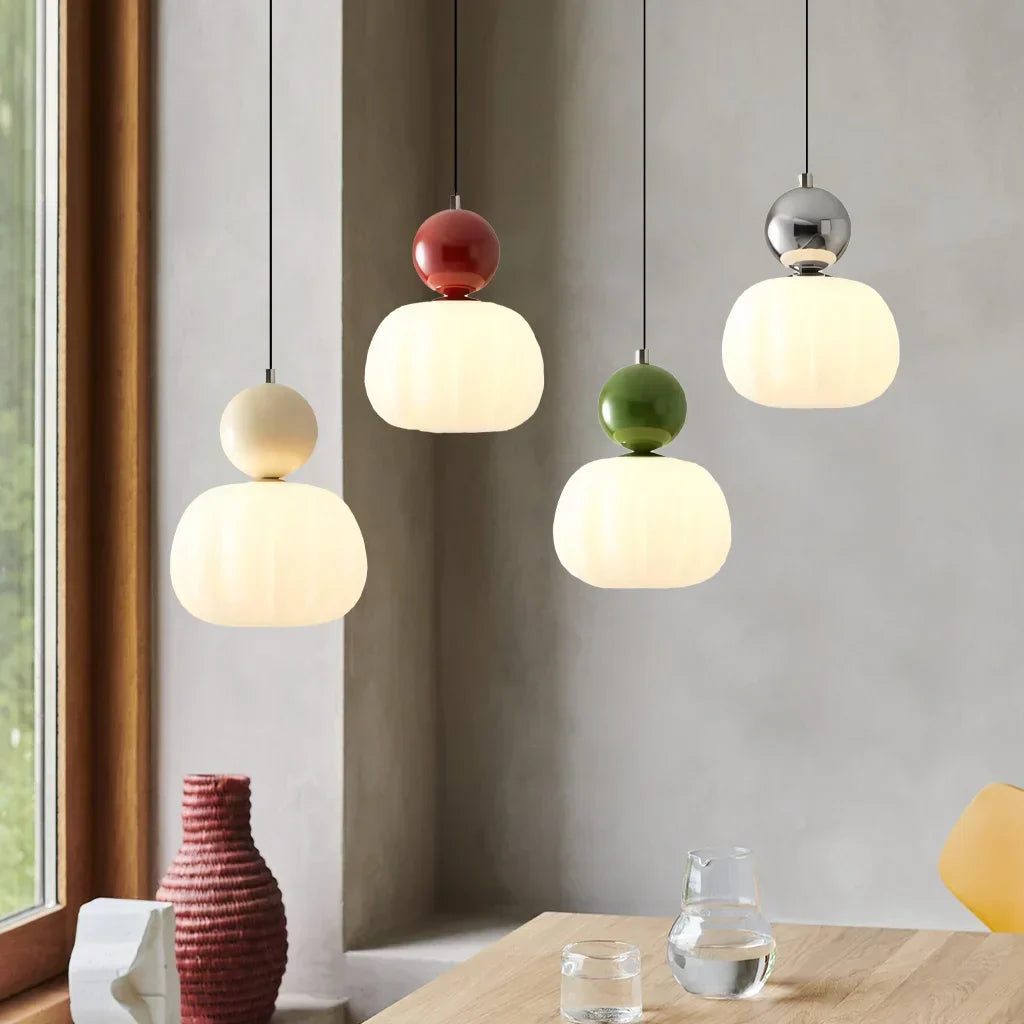 Maintained House Pumpkin Pendant Light - Single Pendant in Cream, Cherry Red, Olive Green and Chrome hung at staggered heights by a window