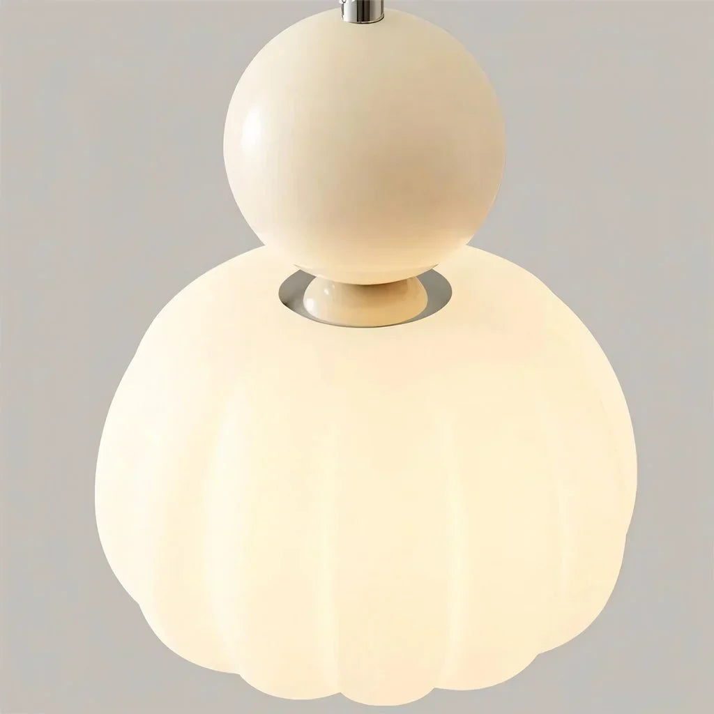 Maintained House Pumpkin Pendant Light - Close-up of the ribbed acrylic shade and Cream sphere