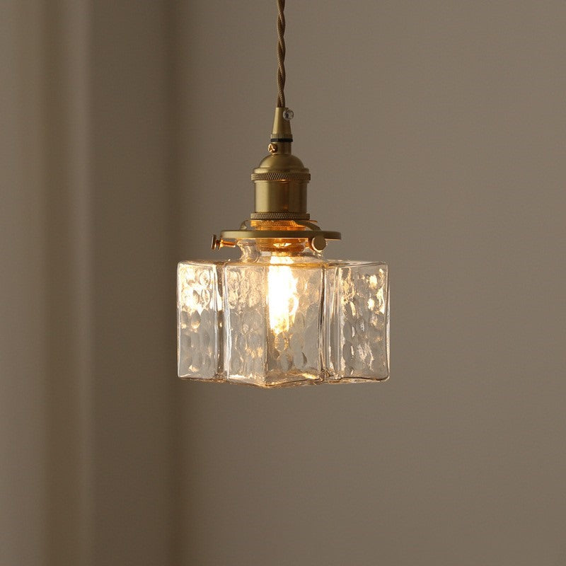 Maintained House Rippled Glass Pendant Light - Cube, lit