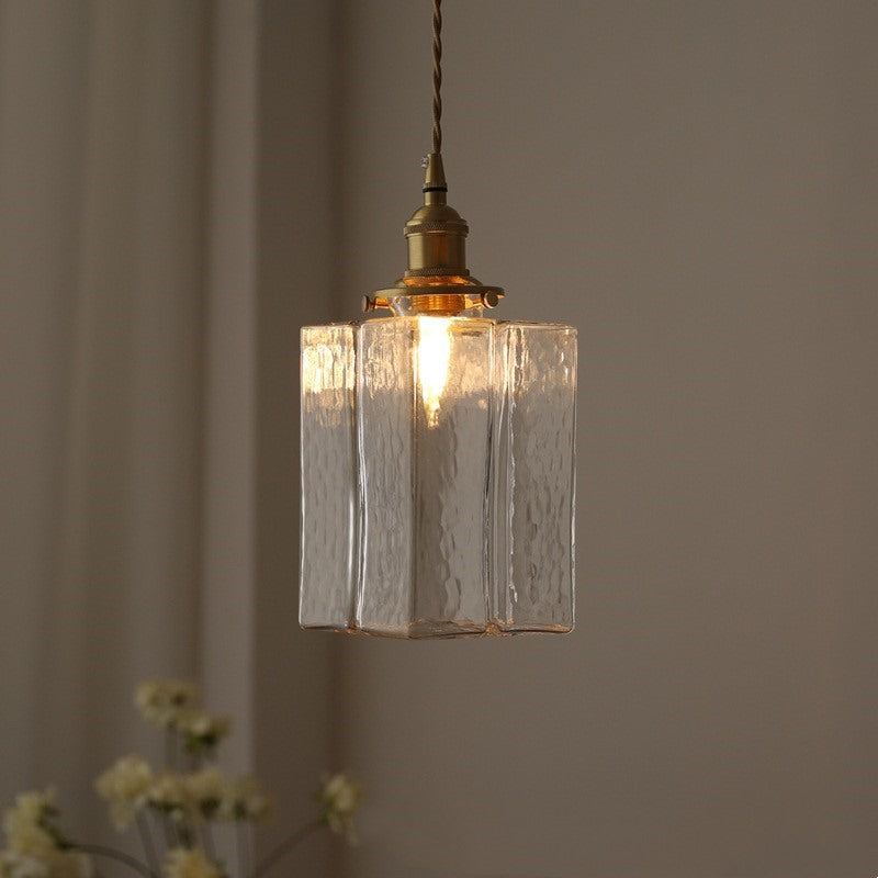 Maintained House Rippled Glass Pendant Light - Tall Cube, lit