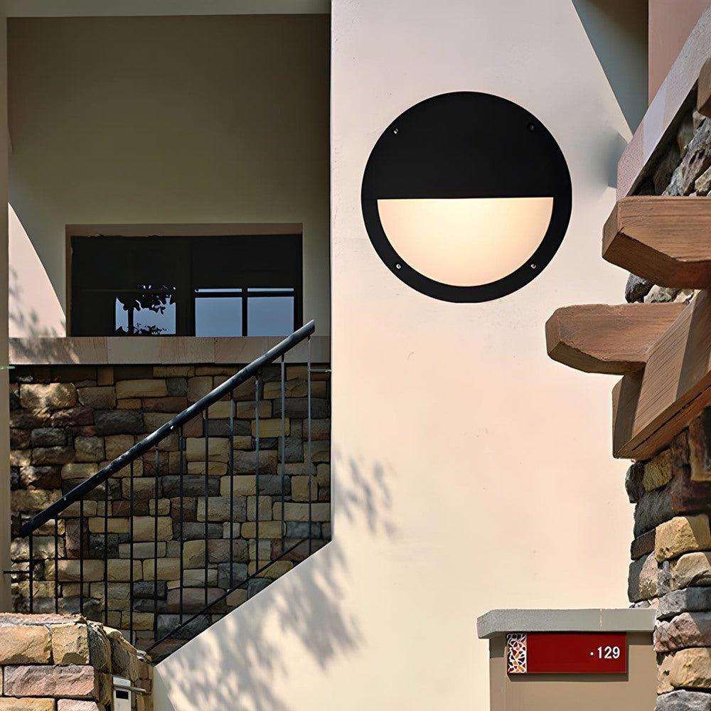 Maintained House Round Outdoor LED Wall Light - Half Hood style above an outdoor staircase