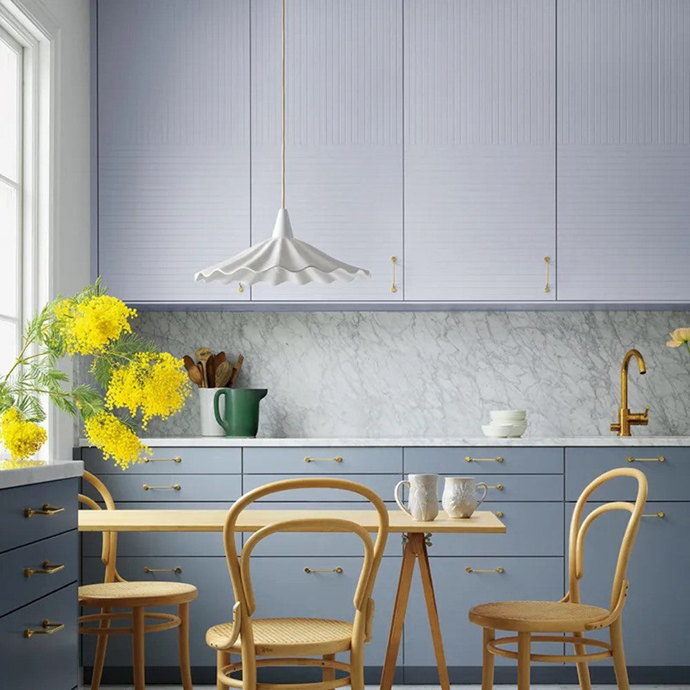 Maintained House Ruffled Porcelain Pendant Light - In a blue kitchen