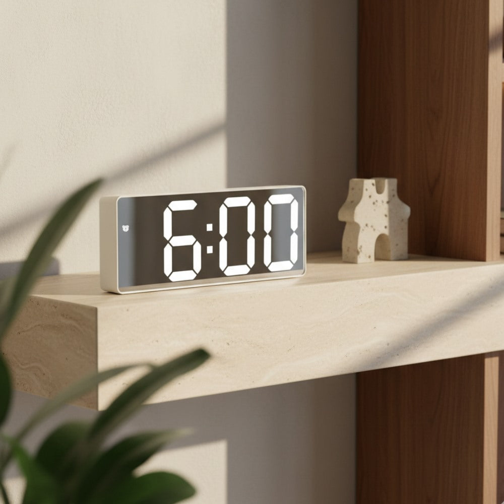 Maintained House Slim LED Temperature Alarm Clock - White mirror on a shelf