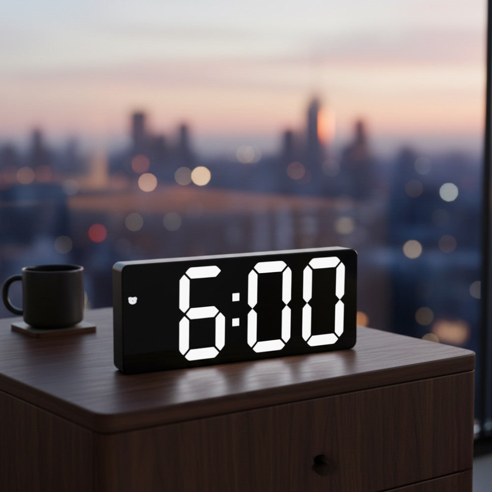 Maintained House Slim LED Temperature Alarm Clock - Black by a window at dusk