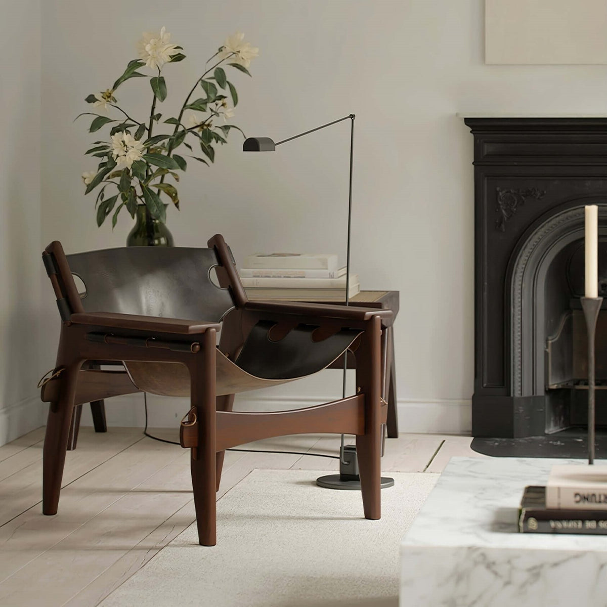 Maintained House Slim Swing Arm LED Floor Lamp - In a reading corner by a fireplace