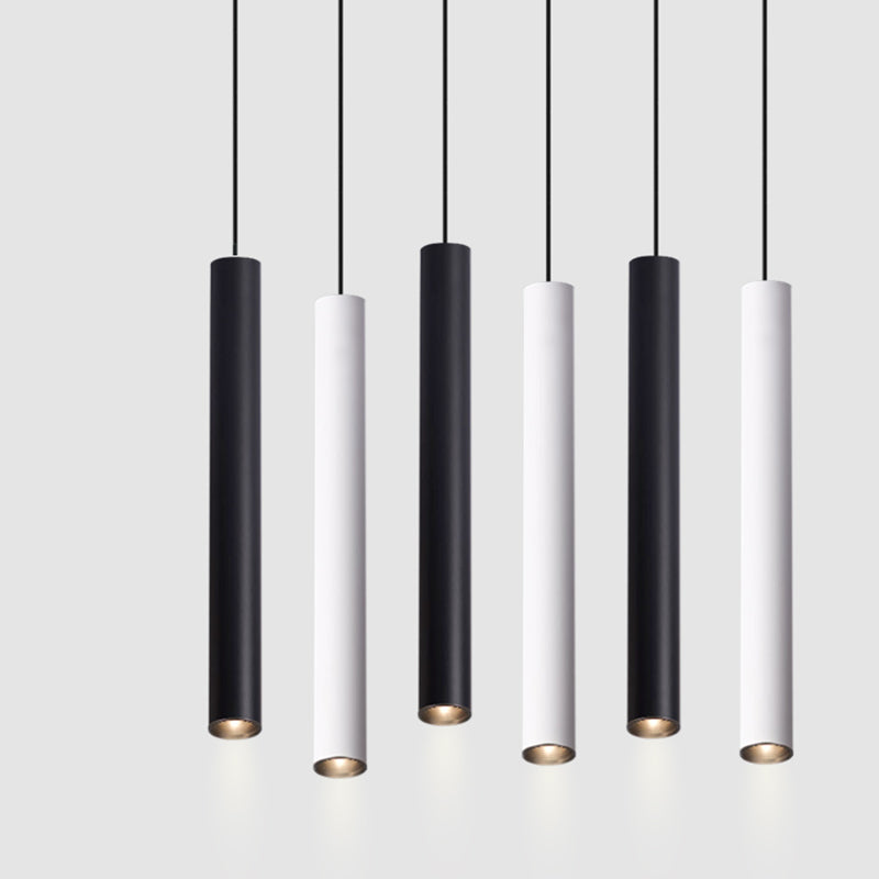 Maintained House Slim Tube LED Pendant Light - Black and white tubes on a gray backdrop