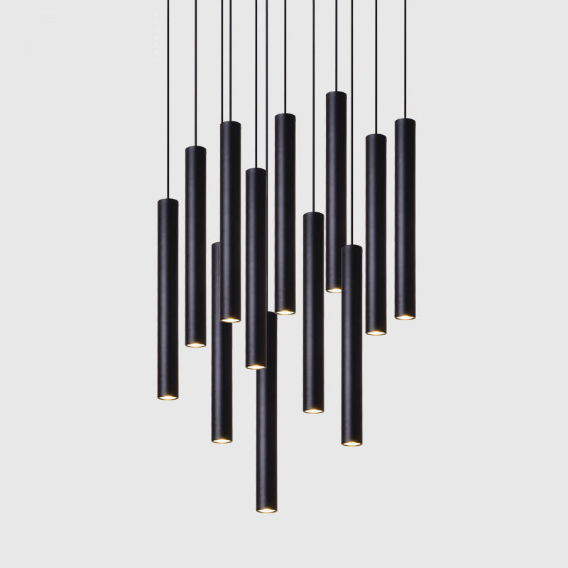 Maintained House Slim Tube LED Pendant Light - Cluster of black tubes at mixed heights