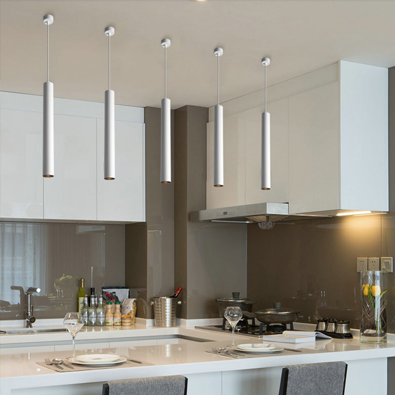 Maintained House Slim Tube LED Pendant Light - White tubes over a kitchen counter