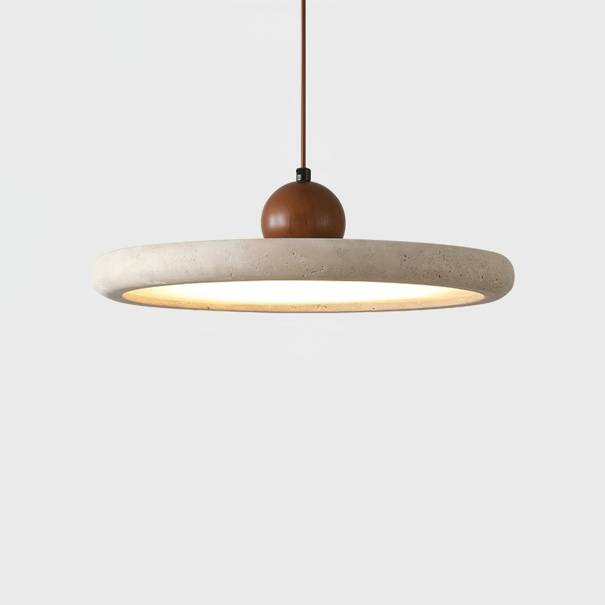Maintained House Travertine Disc Pendant Light - Walnut, on gray