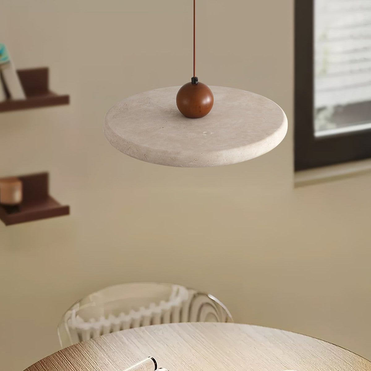 Maintained House Travertine Disc Pendant Light - Stone and walnut close-up