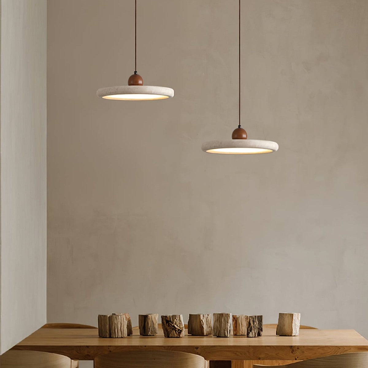 Maintained House Travertine Disc Pendant Light - Pair over a dining table