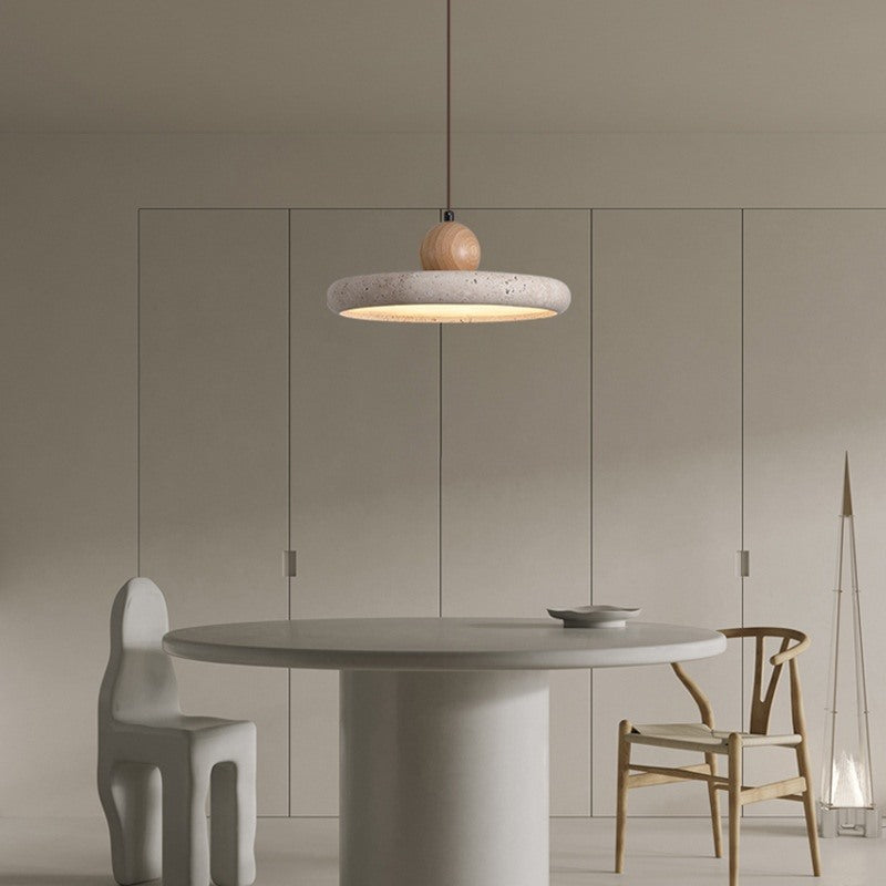Maintained House Travertine Disc Pendant Light - Natural Wood over a round table