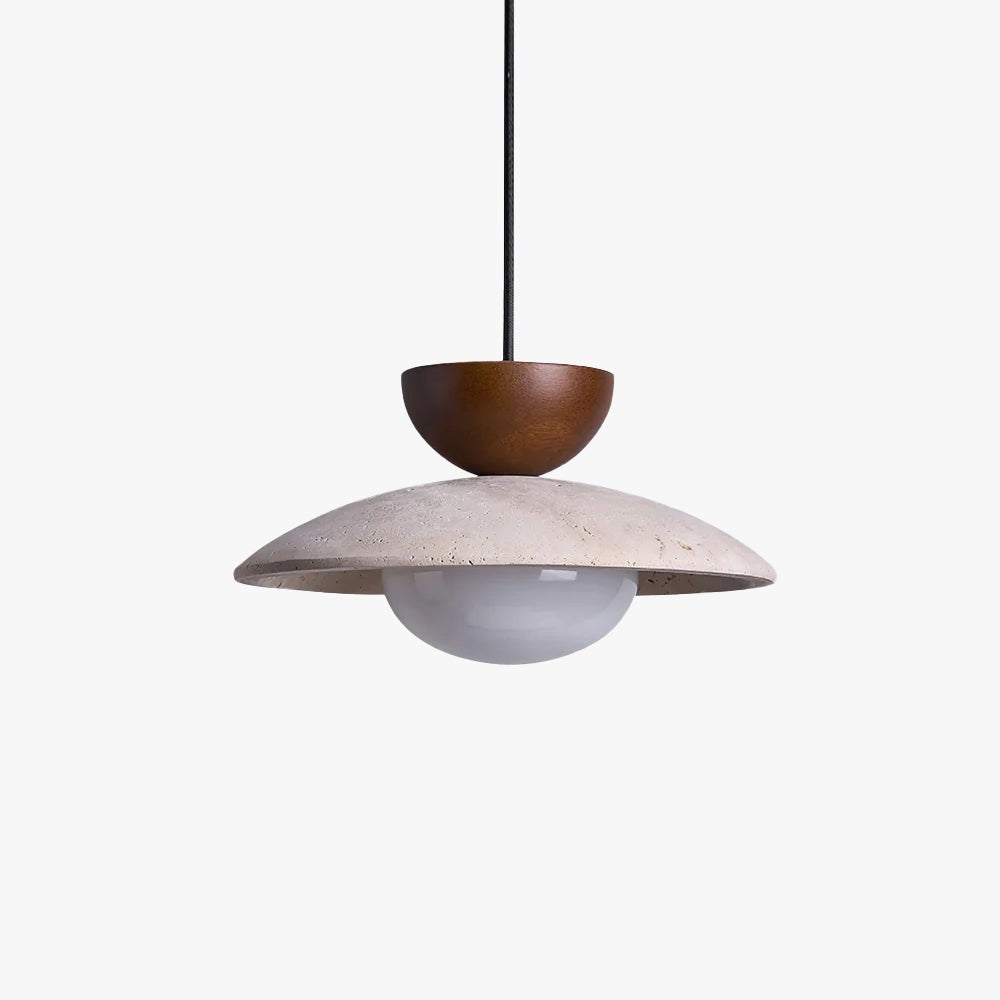 Maintained House Travertine Saucer Pendant Light - Walnut, on white