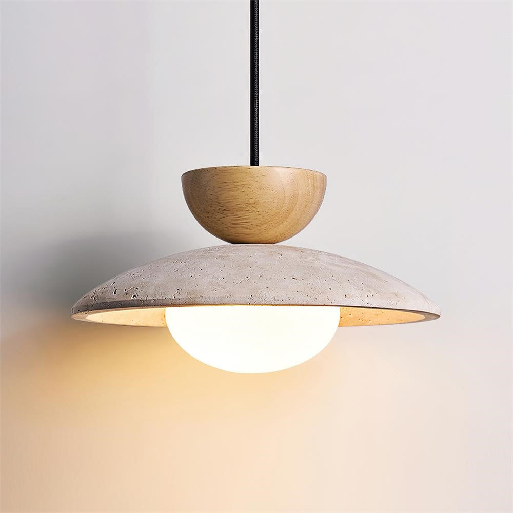 Maintained House Travertine Saucer Pendant Light - Natural Wood, lit