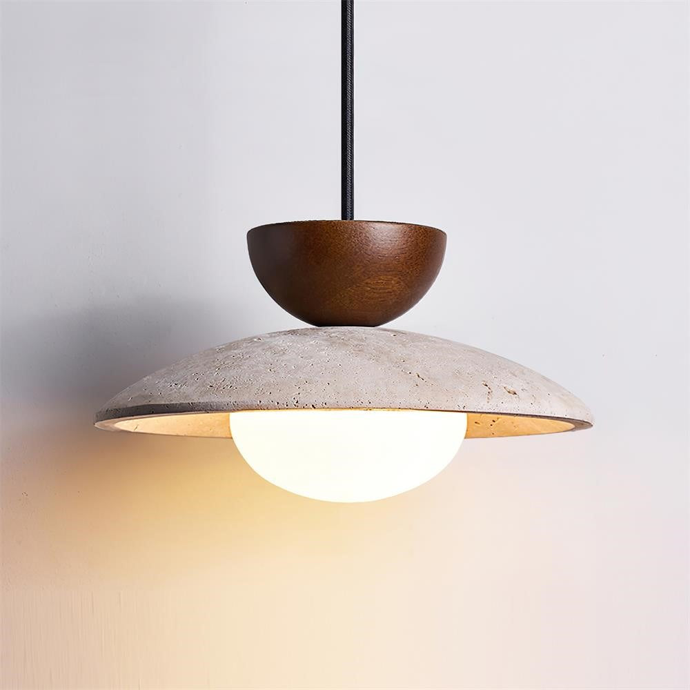 Maintained House Travertine Saucer Pendant Light - Walnut, lit