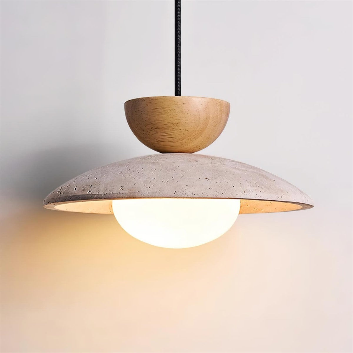 Maintained House Travertine Saucer Pendant Light - Natural Wood, glowing