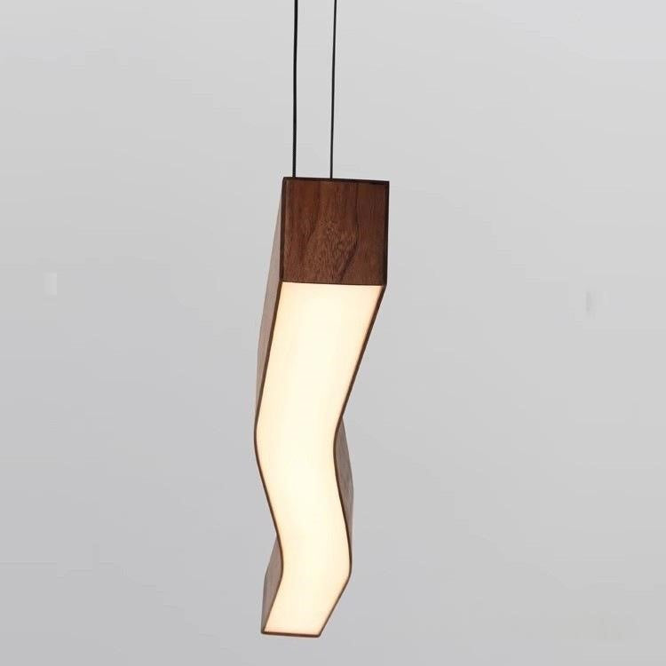 Maintained House Wavy Walnut-Finish Linear Pendant Light - Lit, seen from one end